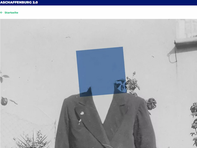 Screenshot der Website von Erinnern immer. Dort ist eine Abbildung von einem Menschen zu sehen, dessen Kopf durch ein blaues Viereck verdeckt ist.